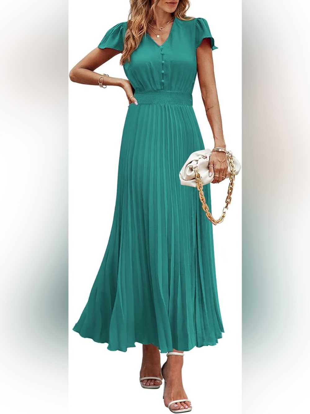 NWT PRETTYGARDEN Women’s Medium Teal Pleated Midi Dress Smocked Waist